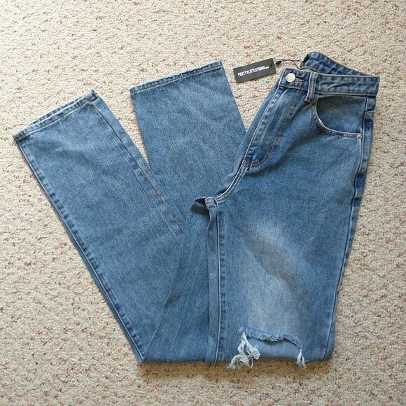 Pretty Little Thing Jeans Women 6 Tall Blue Open Knee Straight Leg New - Picture 1 of 8
